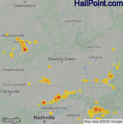Hail Map for Bowling Green, KY Region on July 7, 2022
