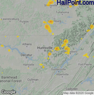 Hail Map for Huntsville, AL Region on July 7, 2022 