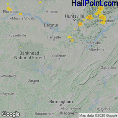 Hail Map for Cullman, AL Region on July 7, 2022