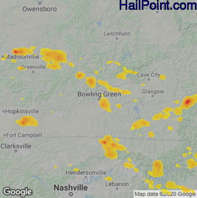 Hail Map for Bowling Green, KY Region on July 8, 2022