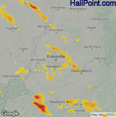 Hail Map for Evansville, IN Region on July 8, 2022