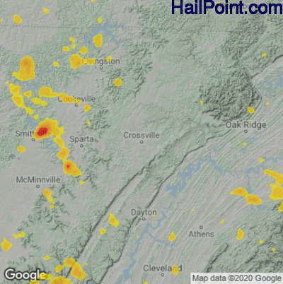 Hail Map for Crossville, TN Region on July 8, 2022