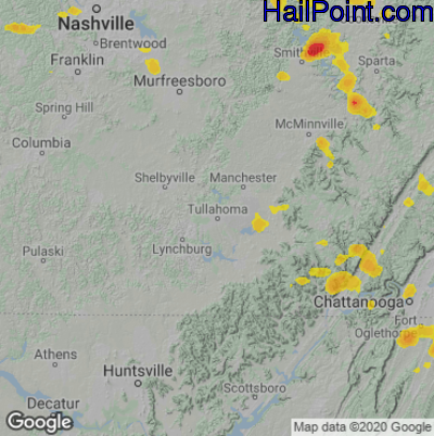 Hail Map for Tullahoma, TN Region on July 8, 2022
