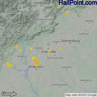 Hail Map for Greenville, SC Region on July 8, 2022