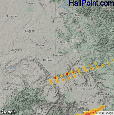 Hail Map for Moscow, ID Region on July 8, 2022 