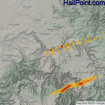 Hail Map for Lewiston, ID Region on July 8, 2022 