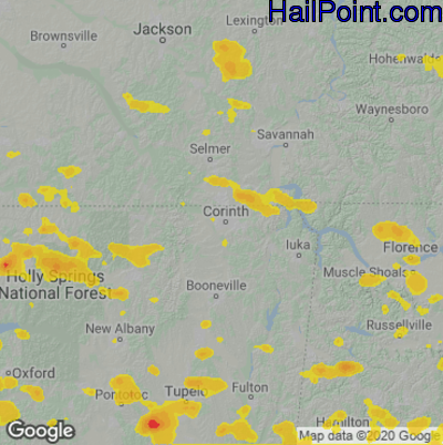 Hail Map for Corinth, MS Region on July 9, 2022