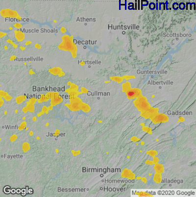 Hail Map for Cullman, AL Region on July 9, 2022