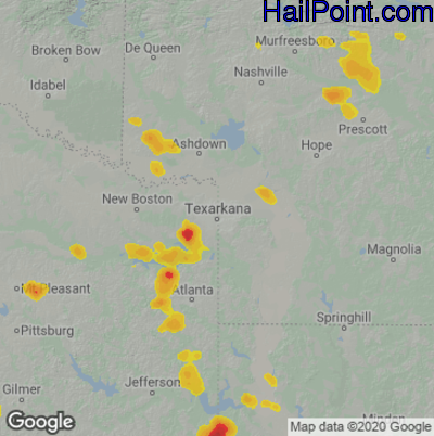 Hail Map for Texarkana, AR Region on July 9, 2022