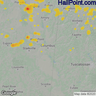 Hail Map for Columbus, MS Region on July 9, 2022
