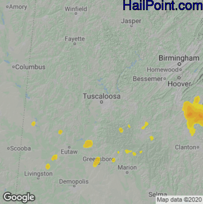 Hail Map for Tuscaloosa, AL Region on July 10, 2022
