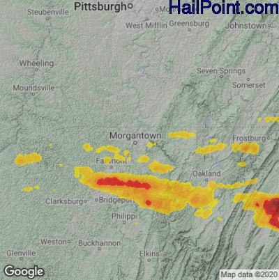 Hail Map for Morgantown, WV Region on July 12, 2022