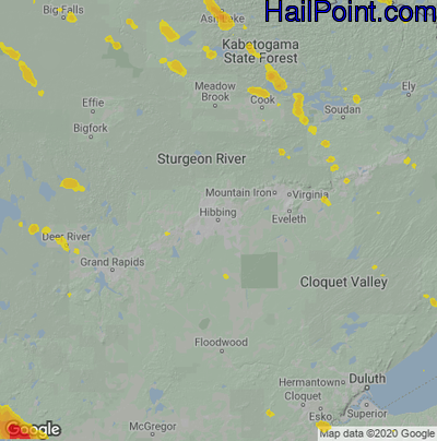 Hail Map for Hibbing, MN Region on July 12, 2022 