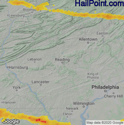 Hail Map for Reading, PA Region on July 12, 2022 