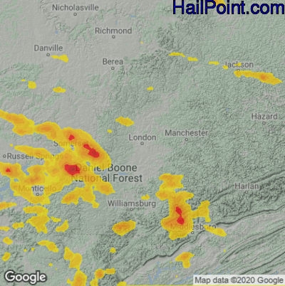 Hail Map for London, KY Region on July 12, 2022