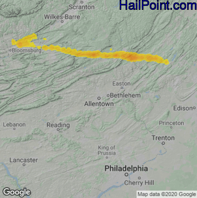 Hail Map for Allentown, PA Region on July 12, 2022