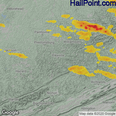 Hail Map for Pikeville, KY Region on July 12, 2022