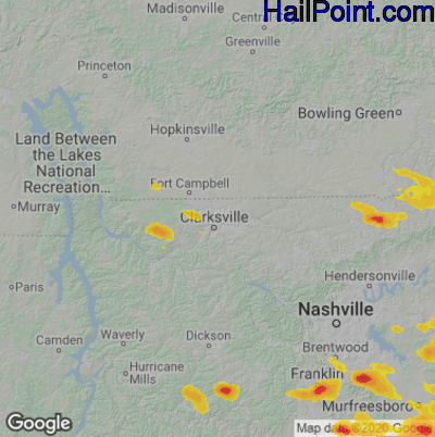 Hail Map for Clarksville, TN Region on July 12, 2022
