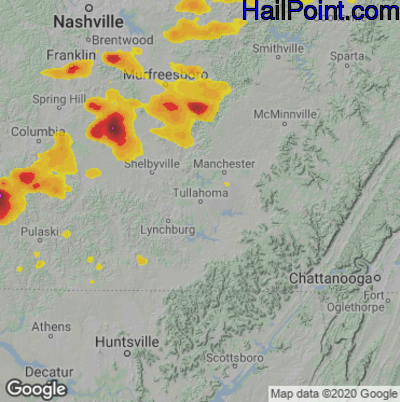 Hail Map for Tullahoma, TN Region on July 12, 2022