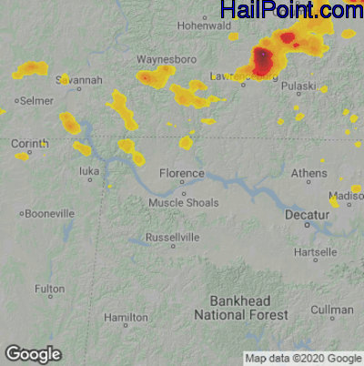 Hail Map for Florence, AL Region on July 13, 2022