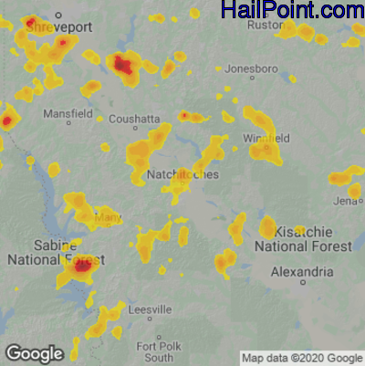Hail Map for Nachitoches, LA Region on July 13, 2022