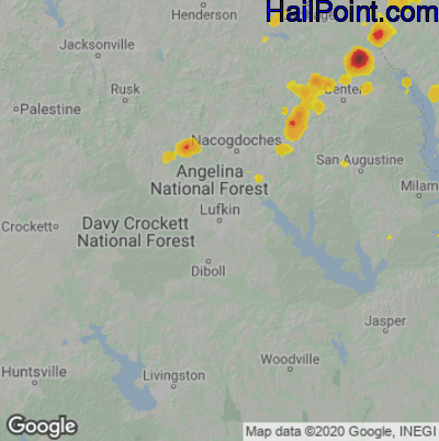 Hail Map for Lufkin, TX Region on July 13, 2022