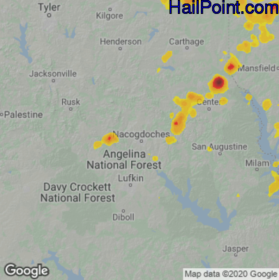 Hail Map for Nacogdoches, TX Region on July 13, 2022