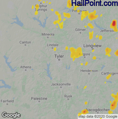 Hail Map for Tyler, TX Region on July 13, 2022