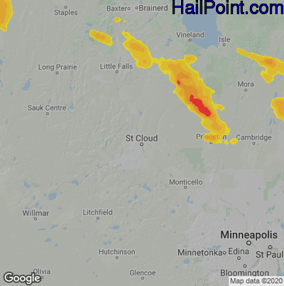 Hail Map for St Cloud, MN Region on July 15, 2022 