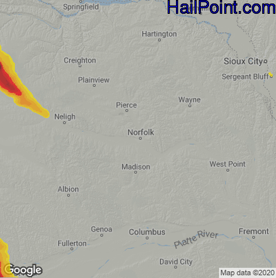 Hail Map for Norfolk, NE Region on July 16, 2022