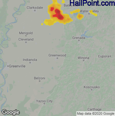 Hail Map for Greenwood, MS Region on July 19, 2022