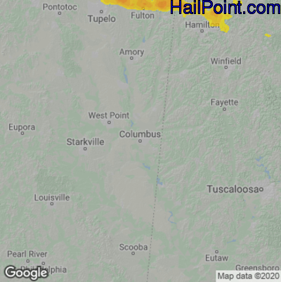 Hail Map for Columbus, MS Region on July 19, 2022