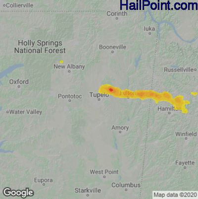 Hail Map for Tupelo, MS Region on July 19, 2022