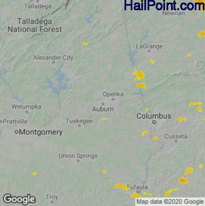 Hail Map for Auburn, AL Region on July 19, 2022 