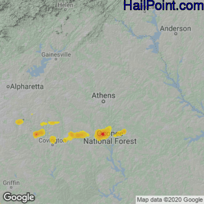 Hail Map for Athens, GA Region on July 19, 2022