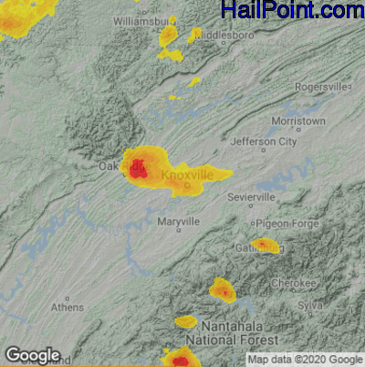Hail Map for Knoxville, TN Region on July 21, 2022