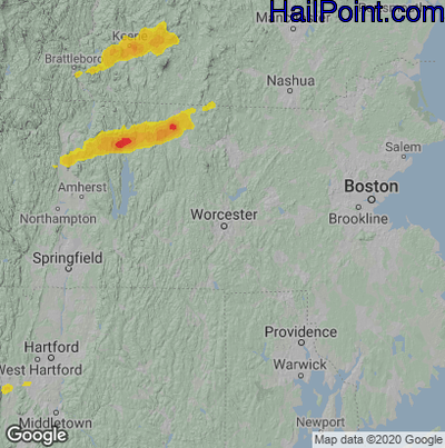 Hail Map for Worcester, MA Region on July 21, 2022