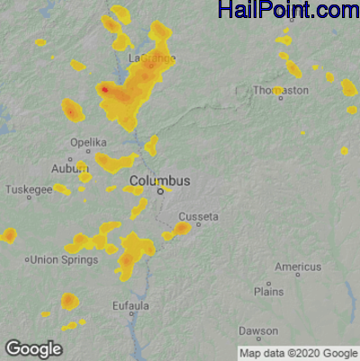 Hail Map for Columbus, GA Region on July 21, 2022