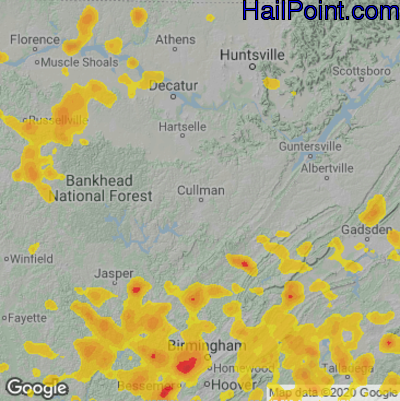 Hail Map for Cullman, AL Region on July 21, 2022