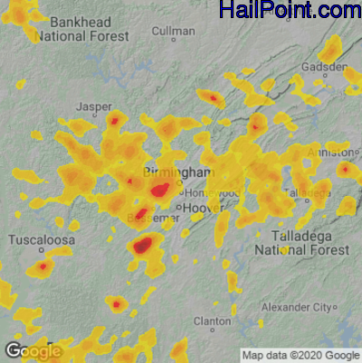Hail Map for Birmingham, AL Region on July 21, 2022 