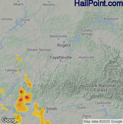 Hail Map for Fayetteville, AR Region on July 21, 2022