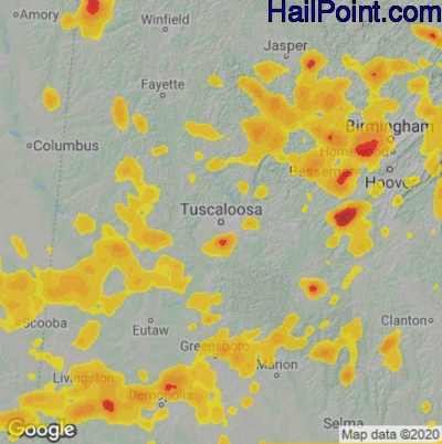Hail Map for Tuscaloosa, AL Region on July 21, 2022