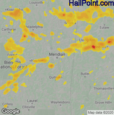 Hail Map for Meridan, MS Region on July 21, 2022