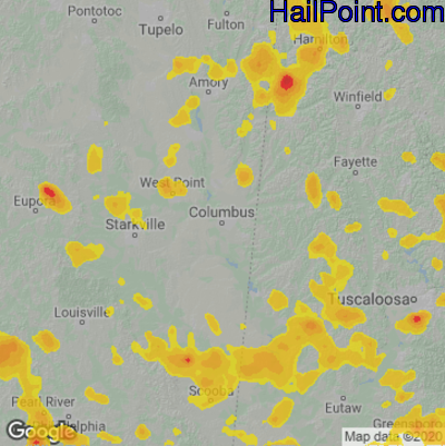 Hail Map for Columbus, MS Region on July 21, 2022