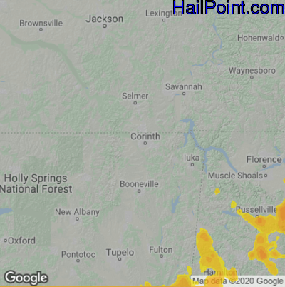 Hail Map for Corinth, MS Region on July 22, 2022 