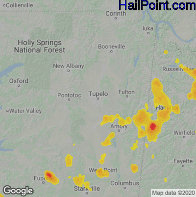 Hail Map for Tupelo, MS Region on July 22, 2022
