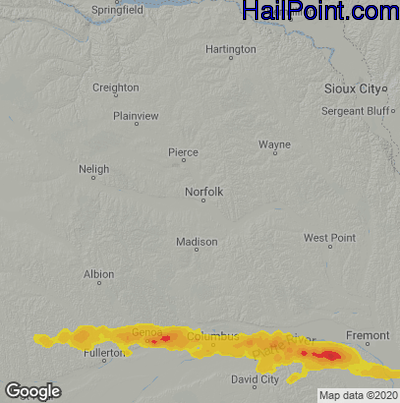 Hail Map for Norfolk, NE Region on July 22, 2022