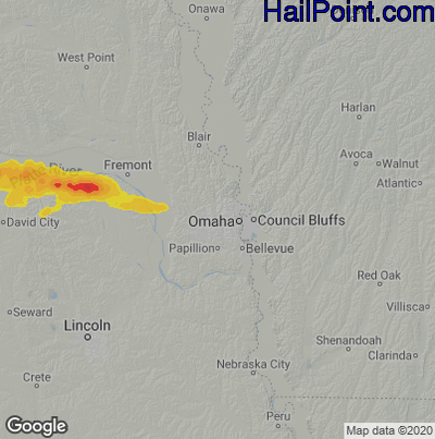 Hail Map for Omaha, NE Region on July 22, 2022