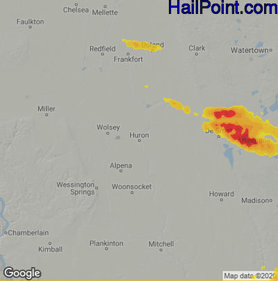 Hail Map for Huron, SD Region on July 22, 2022