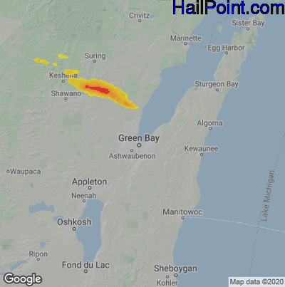 Hail Map for Green Bay, WI Region on July 23, 2022 